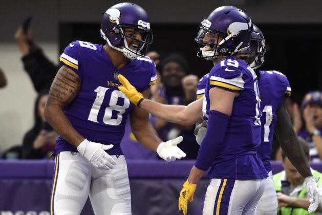 MINNEAPOLIS, MN - NOVEMBER 19: Adam Thielen #19 of the Minnesota Vikings and Michael Floyd #18 celebrate after scoring a touchdown in the fourth quarter of the game against the Los Angeles Rams on November 19, 2017 at U.S. Bank Stadium in Minneapolis, Minnesota. (Photo by Hannah Foslien/Getty Images)