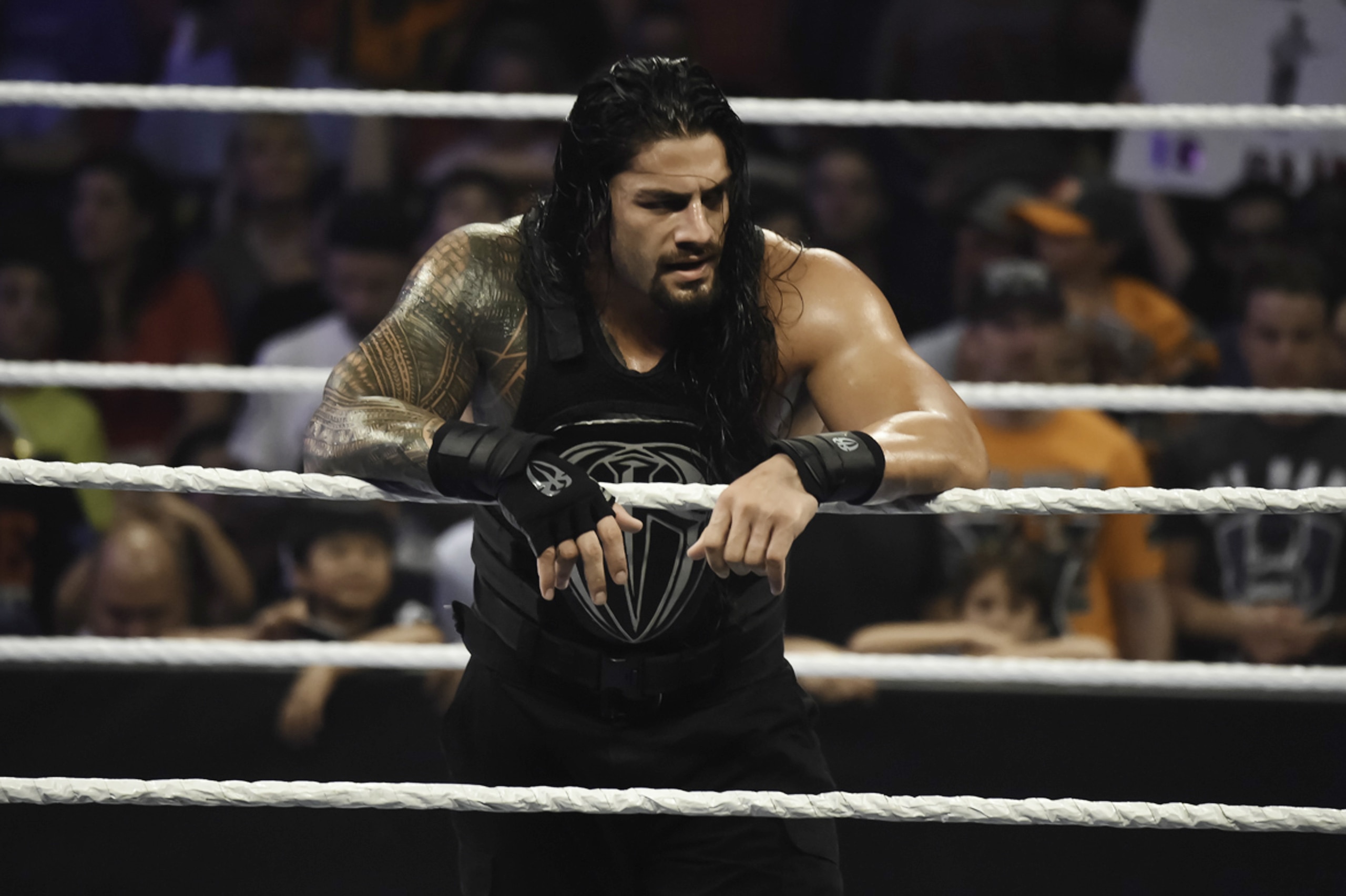 MIAMI, FL- SEPTEMBER 01: Roman Reigns looks on during the WWE Smackdown on September 1, 2015 at the American Airlines Arena in Miami, Florida.  (Photo by Ron ElkmanSports Imagery/Getty Images)
