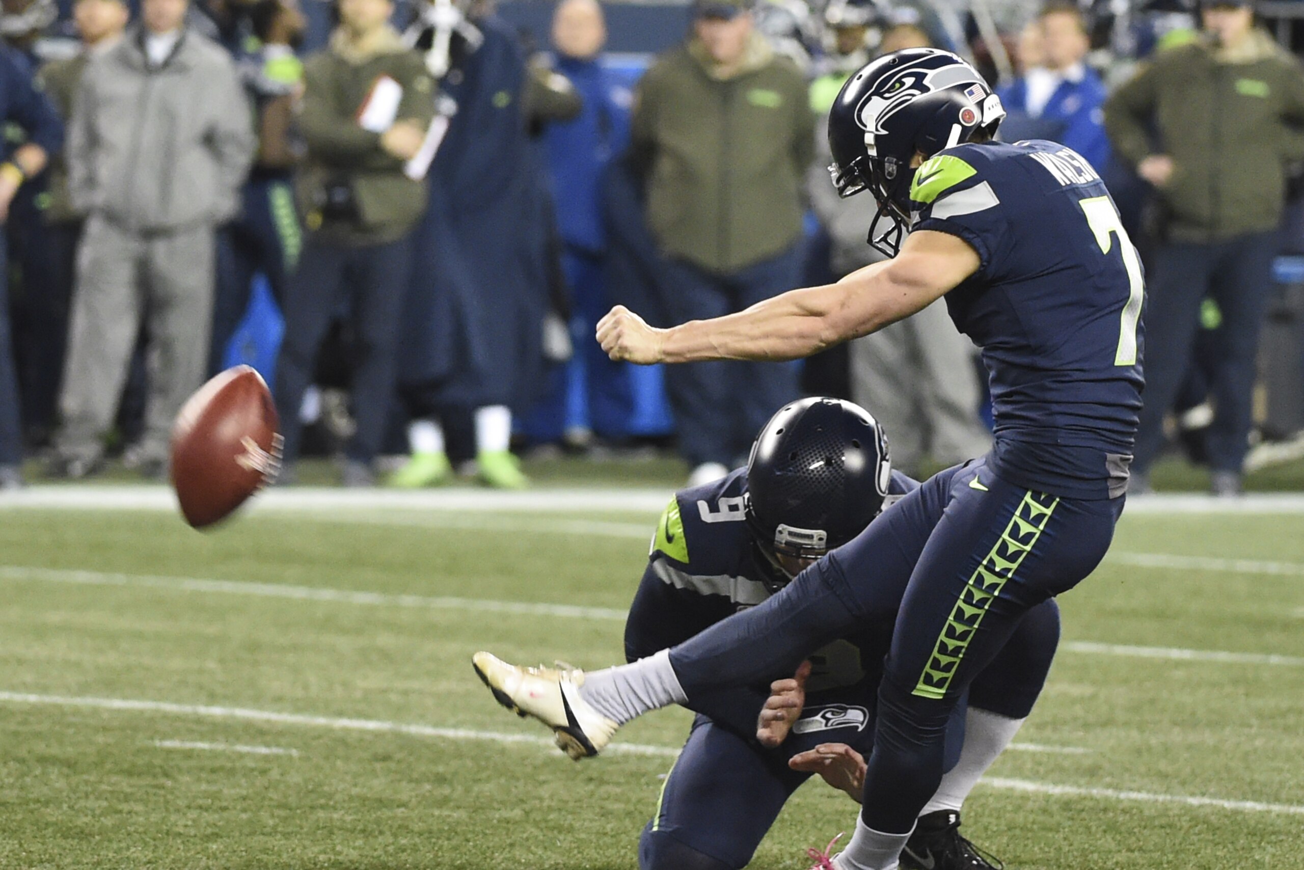 SEATTLE, WA - NOVEMBER 20:  Kicker Blair Walsh #7 of the Seattle Seahawks makes a 37 yard field goal during the third quarter of the game against the Atlanta Falcons at CenturyLink Field on November 20, 2017 in Seattle, Washington.  (Photo by Steve Dykes/Getty Images)