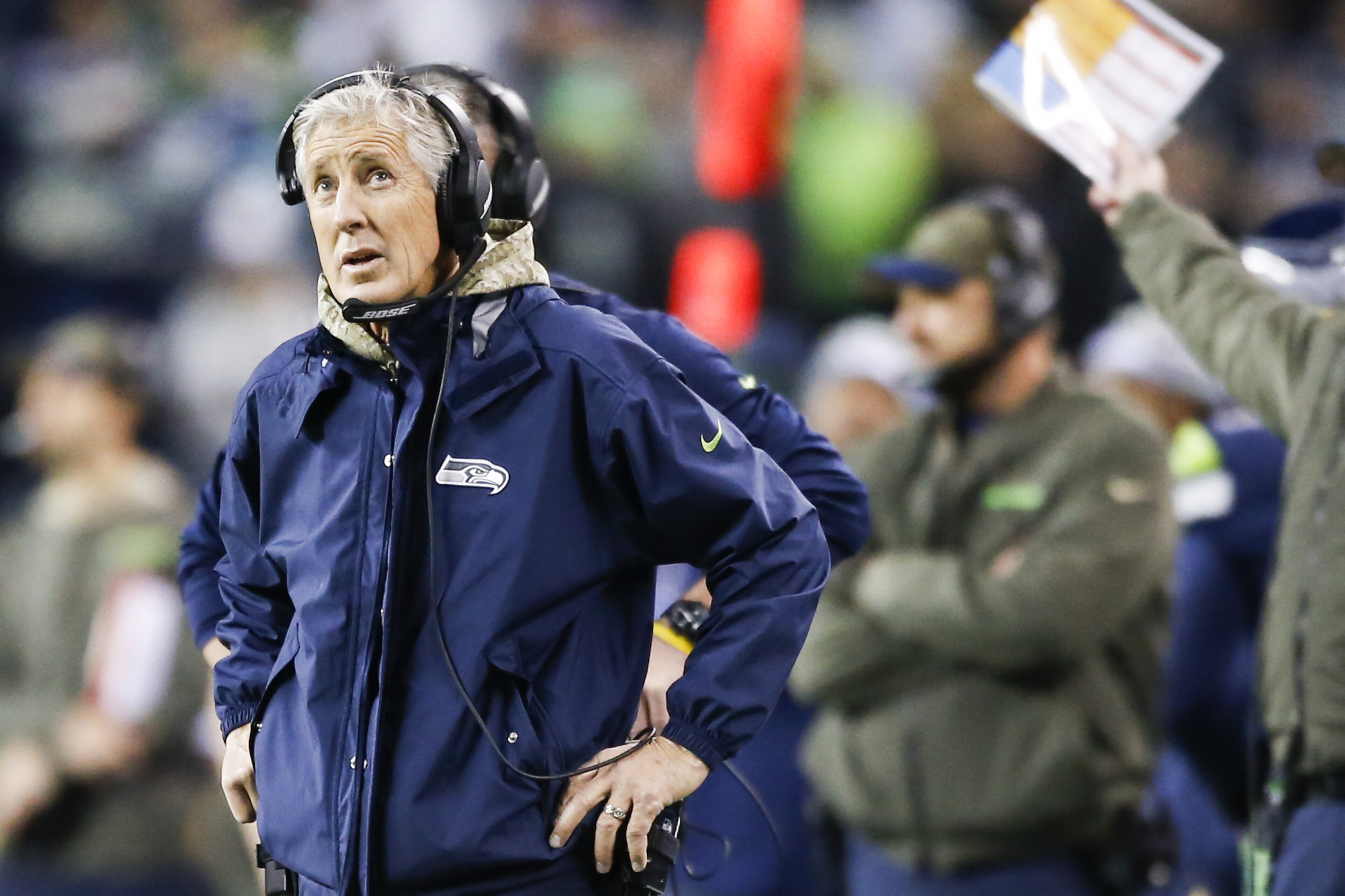 SEATTLE, WA - NOVEMBER 20: Seahawks head coach Pete Carroll looks on during the second quarter of the game against the Atlanta Falcons at CenturyLink Field on November 20, 2017 in Seattle, Washington.  (Photo by Otto Greule Jr /Getty Images)