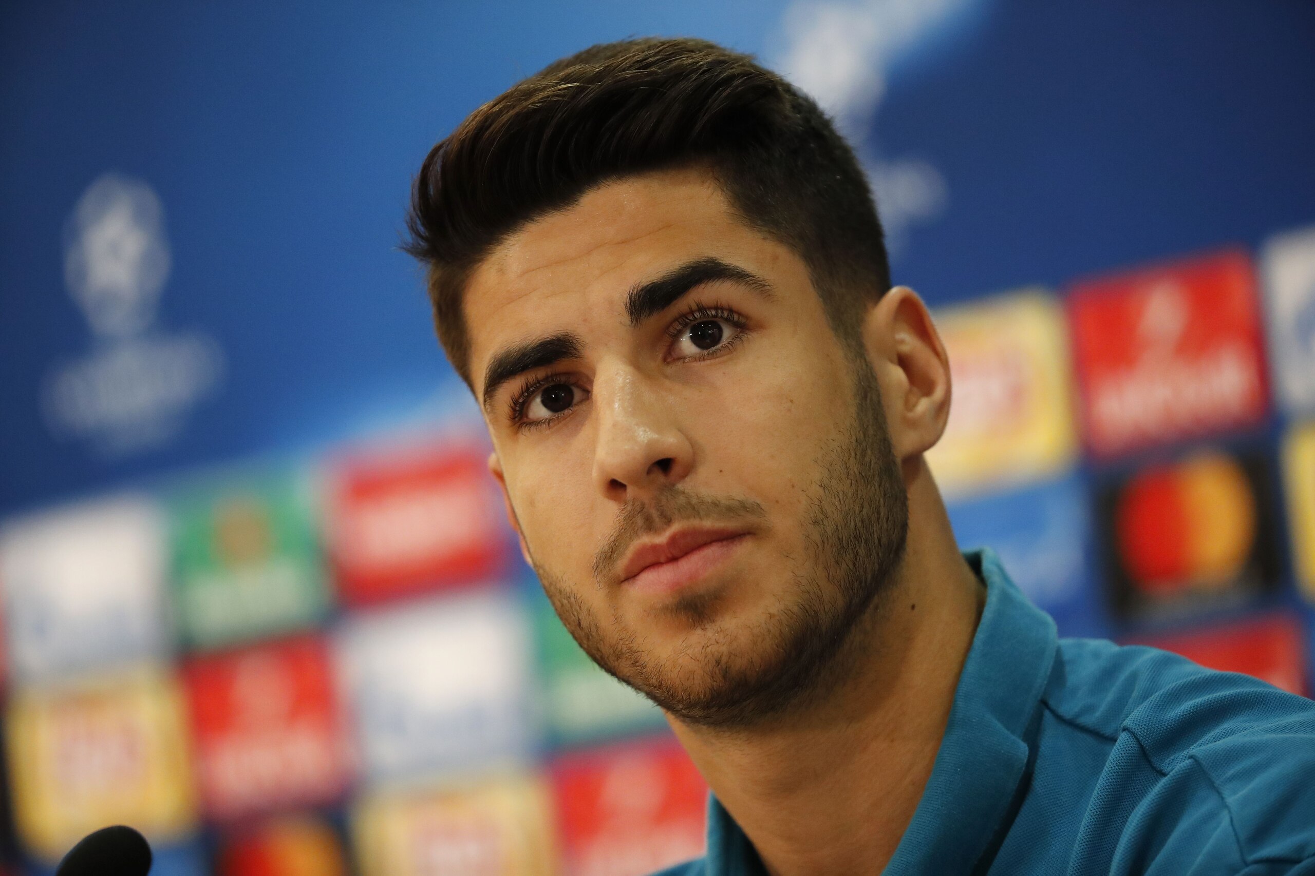 Real Madrid's Marco Asensio attends a press conference in the Cypriot capital Nicosia's GSP Stadium on the eve of the UEFA Champions League football match APOEL FC against Real Madrid, on November 20, 2017.  / AFP PHOTO / Thomas COEX        (Photo credit should read THOMAS COEX/AFP/Getty Images)