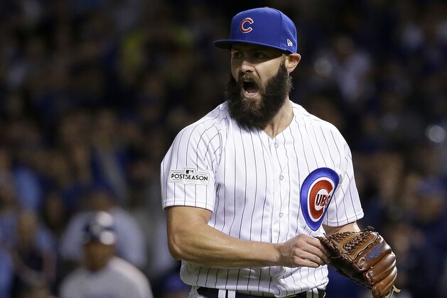 Chicago Cubs starting pitcher Jake Arrieta reacts after striking out Los Angeles Dodgers' Curtis Granderson during the sixth inning of Game 4 of baseball's National League Championship Series, Wednesday, Oct. 18, 2017, in Chicago. (AP Photo/Nam Y. Huh)