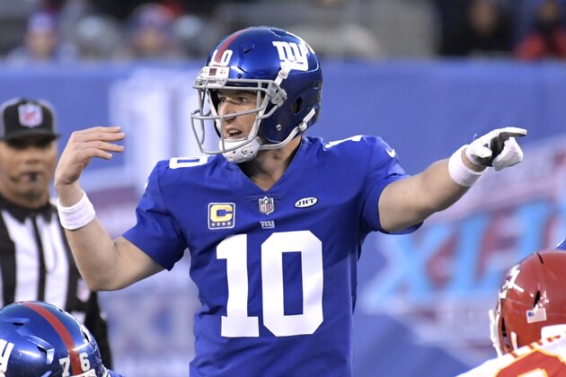 New York Giants quarterback Eli Manning (10) signals during overtime of an NFL football game against the Kansas City Chiefs Sunday, Nov. 19, 2017, in East Rutherford, N.J. (AP Photo/Bill Kostroun)