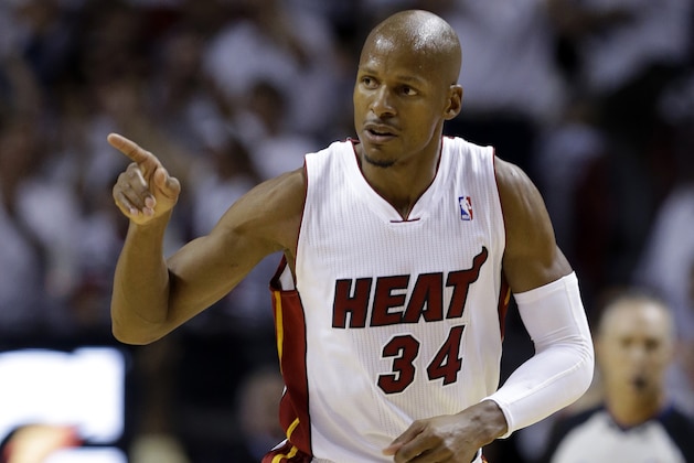 FILE - In a  Friday, May 30, 2014 file photo, Miami Heat guard Ray Allen gestures after scoring a three-point basket during the first half Game 6 in the NBA basketball playoffs Eastern Conference finals against the Indiana Pacers, in Miami. Allen announced his retirement from the NBA on Tuesday, Nov. 1, 2016, ending a career that saw him make more 3-pointers than any player in league history and win championships with Boston and Miami. (AP Photo/Lynne Sladky, File)