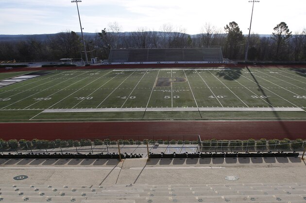 Pelham High School football field is seen, Wednesday, Jan. 6, 2016, where Clemson football head coach Dabo Swinney attended high school, in Pelham, Ala. Clemson will now play Alabama in the NCAA college football championship game on Monday. (AP Photo/Brynn Anderson)