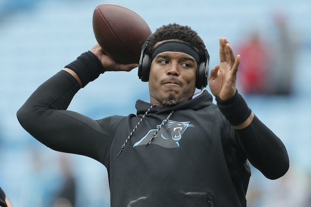 Carolina Panthers' Cam Newton (1) was up before an NFL football game against the Atlanta Falcons in Charlotte, N.C., Sunday, Nov. 5, 2017. (AP Photo/Bob Leverone)