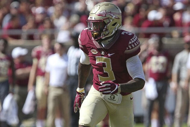 Florida State's Derwin James reacts to an offensive play by Louisville during an NCAA college football game, Saturday, Oct. 21, 2017, in Tallahassee Fla. Louisville won 31-28. (AP Photo/Steve Cannon)