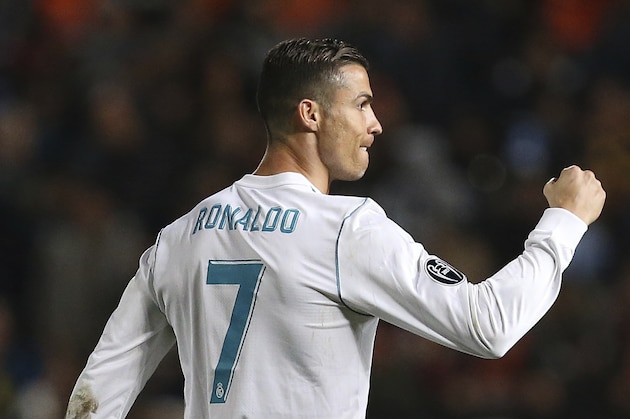 Real Madrid's Cristiano Ronaldo celebrates after scoring the sixth goal of his team during the Champions League Group H soccer match between APOEL Nicosia and Real Madrid at GSP stadium, in Nicosia, on Tuesday, Nov. 21, 2017. (AP Photo/Petros Karadjias)