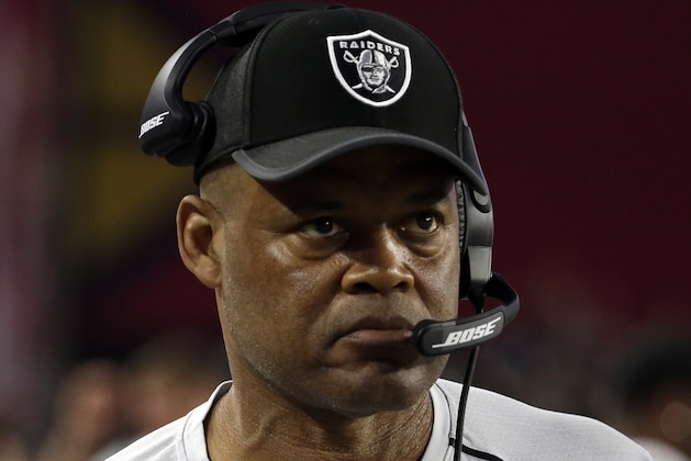Oakland Raiders coach Ken Norton Jr. prior to an NFL preseason football game against the Arizona Cardinals, Saturday, Aug. 12, 2017, in Glendale, Ariz. (AP Photo/Rick Scuteri)