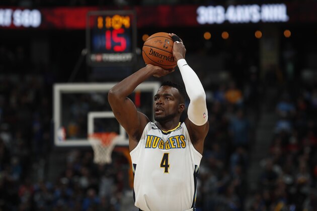 Denver Nuggets forward Paul Millsap (4) in the second half of an NBA basketball game Thursday, Nov. 9, 2017, in Denver. The Nuggets won 102-94. (AP Photo/David Zalubowski)