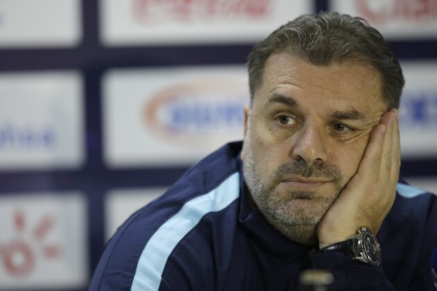Australia coach Ange Postecoglou gives a press conference at the Olympic Stadium in San Pedro Sula, Honduras, Thursday, Nov. 9, 2017. Australia and Honduras will face for the first leg of the World Cup playoff on Friday. (AP Photo/Moises Castillo)