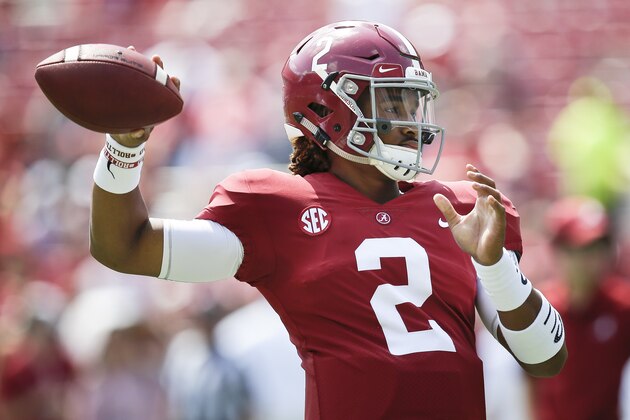 Alabama quarterback Jalen Hurts throws the ball before an NCAA college football game against Fresno State, Saturday, Sept. 9, 2017, in Tuscaloosa, Ala. (AP Photo/Brynn Anderson)