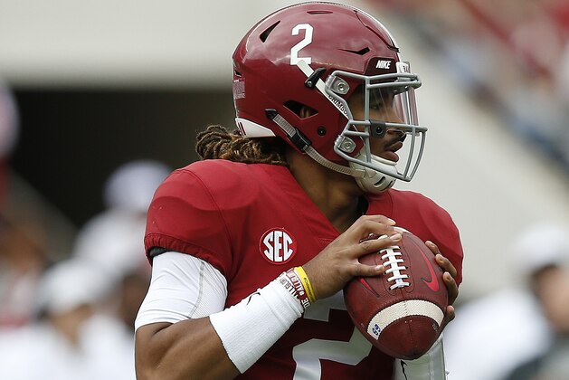 Alabama quarterback Jalen Hurts (2) sets back to pass during the first half of an NCAA college football game against Mercer, Saturday, Nov. 18, 2017, in Tuscaloosa, Ala. (AP Photo/Brynn Anderson) Alabama quarterback Jalen Hurts (2) sets back to pass during the first half of an NCAA college football game against Mercer, Saturday, Nov. 18, 2017, in Tuscaloosa, Ala. (AP Photo/Brynn Anderson)