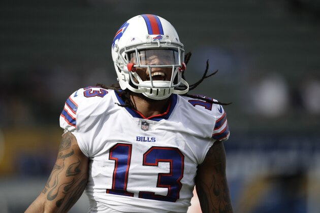Buffalo Bills wide receiver Kelvin Benjamin watches during warm ups before an NFL football game against the Los Angeles Chargers Sunday, Nov. 19, 2017, in Carson, Calif. (AP Photo/Jae C. Hong)