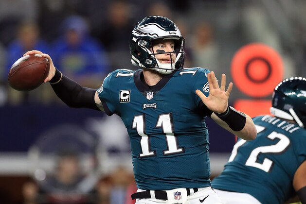 ARLINGTON, TX - NOVEMBER 19:  Carson Wentz #11 of the Philadelphia Eagles throws against the Dallas Cowboys in the first half at AT&T Stadium on November 19, 2017 in Arlington, Texas.  (Photo by Ronald Martinez/Getty Images)