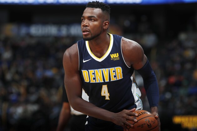 Denver Nuggets forward Paul Millsap (4) in the second half of an NBA basketball game Friday, Nov. 17, 2017, in Denver. The Nuggets won 146-114. (AP Photo/David Zalubowski)