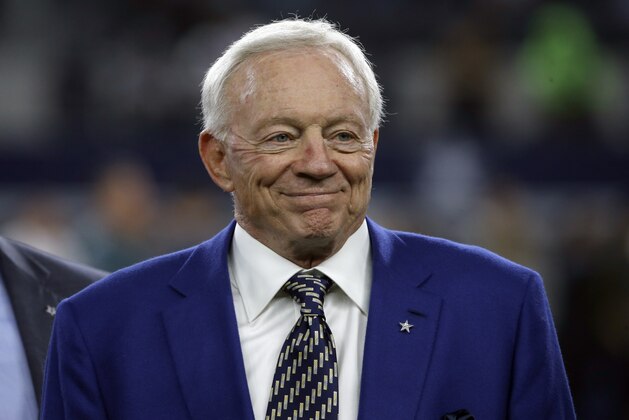 Dallas Cowboys team owner Jerry Jones stands on the field during warm ups before an NFL football game against the Philadelphia Eagles on Sunday, Nov. 19, 2017, in Arlington, Texas. (AP Photo/Ron Jenkins) Dallas Cowboys team owner Jerry Jones stands on the field during warm ups before an NFL football game against the Philadelphia Eagles on Sunday, Nov. 19, 2017, in Arlington, Texas. (AP Photo/Ron Jenkins)