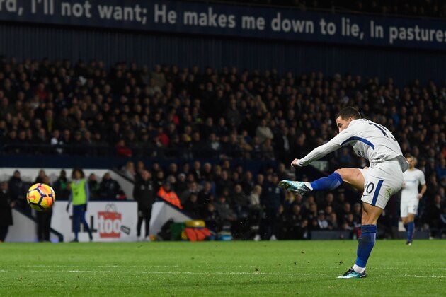 WEST BROMWICH, ENGLAND - NOVEMBER 18: Chelsea striker Eden Hazard scores the fourth goal  during the Premier League match between West Bromwich Albion and Chelsea at The Hawthorns on November 18, 2017 in West Bromwich, England.  (Photo by Stu Forster/Getty Images)