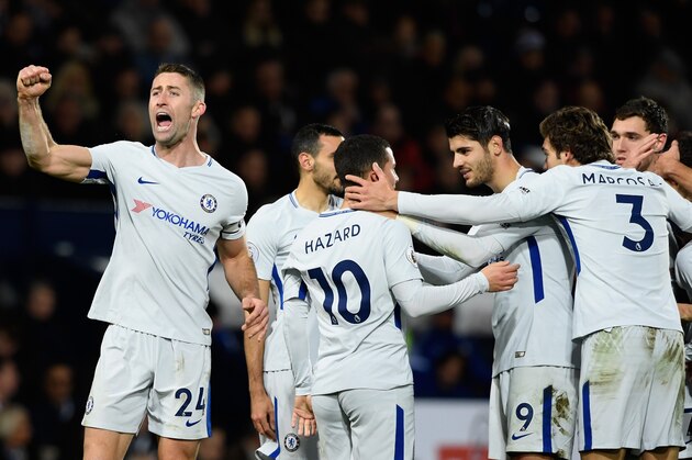WEST BROMWICH, ENGLAND - NOVEMBER 18:  Chelsea players celebrate the fourth goal scored by Eden Hazard (2nd l) as Gary Cahill salutes the fans during the Premier League match between West Bromwich Albion and Chelsea at The Hawthorns on November 18, 2017 in West Bromwich, England.  (Photo by Stu Forster/Getty Images)