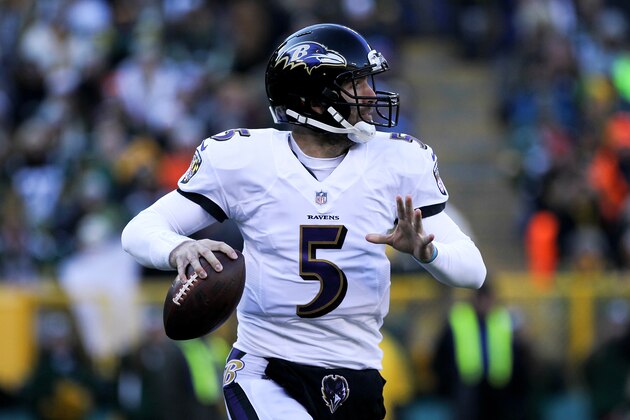 GREEN BAY, WI - NOVEMBER 19:  Joe Flacco #5 of the Baltimore Ravens drops back to pass in the first quarter against the Green Bay Packers at Lambeau Field on November 19, 2017 in Milwaukee, Wisconsin. (Photo by Dylan Buell/Getty Images)