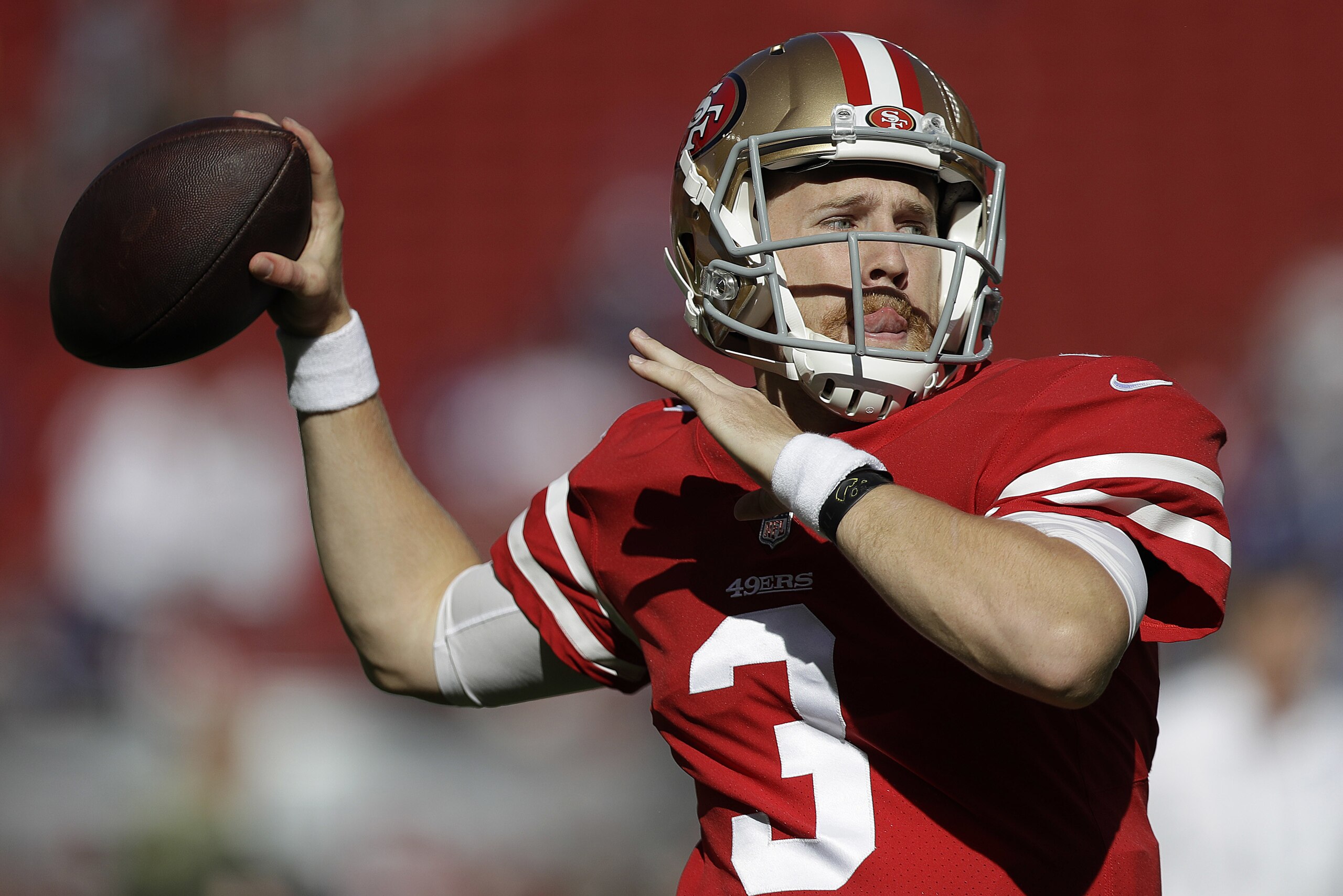 San Francisco 49ers quarterback C.J. Beathard (3) warms up before an NFL football game against the New York Giants in Santa Clara, Calif., Sunday, Nov. 12, 2017. (AP Photo/Marcio Jose Sanchez)