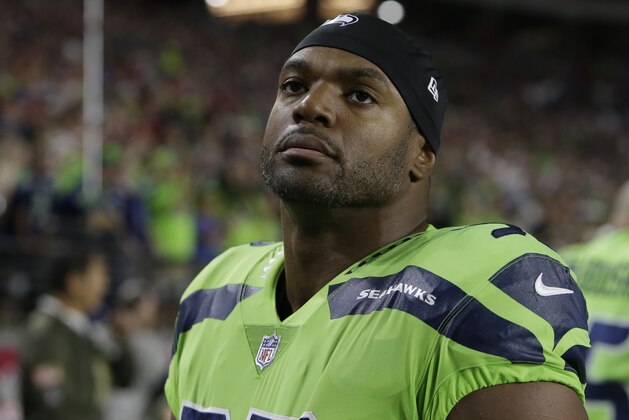 FILE - In a Thursday, Nov. 9, 2017 file photo, Seattle Seahawks defensive end Dwight Freeney (93) during an NFL football game against the Arizona Cardinals, in Glendale, Ariz. It’s only been three games, but Freeney's influence has already been noticed on the field and in the Seattle Seahawks locker room. Freeney’s fourth game with Seattle will come against a familiar foe when the Seahawks host Atlanta on Monday night.(AP Photo/Rick Scuteri, File)