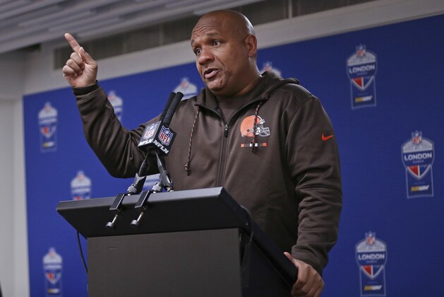 Cleveland Browns head coach Hue Jackson gestures during a press conference after an NFL football game against Minnesota Vikings at Twickenham Stadium in London, Sunday Oct. 29, 2017. Minnesota Vikings won the match 33-16. (AP Photo/Tim Ireland)