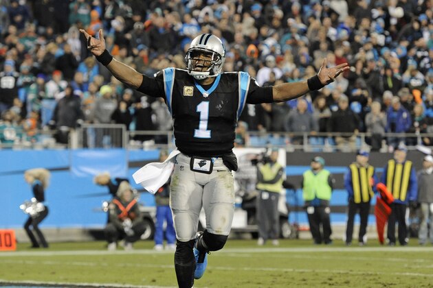 FILE - In this Nov. 13, 2017, file photo, Carolina Panthers' Cam Newton (1) fires up the fans after a Panthers touchdown against the Miami Dolphins in the second half of an NFL football game in Charlotte, N.C. The Panthers enter the bye weekend having won three straight, leaving them at 7-3 and a half-game behind the New Orleans Saints in the NFC South. (AP Photo/Mike McCarn, File)
