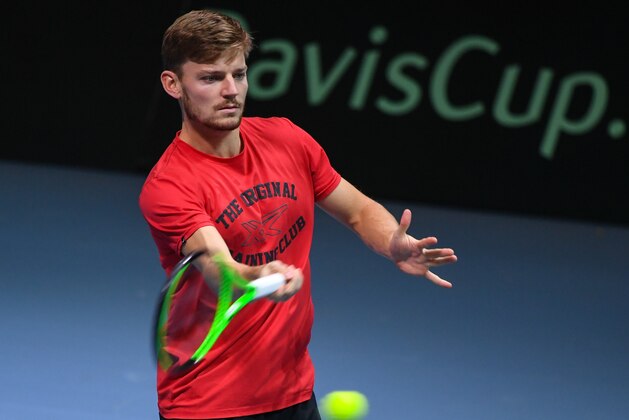 Belgium's David Goffin practices during a training session on November 21, 2017 at the Pierre-Mauroy stadium in Villeneuve d'Ascq, ahead of the Davis Cup World final between France and Belgium. / AFP PHOTO / DENIS CHARLET        (Photo credit should read DENIS CHARLET/AFP/Getty Images)
