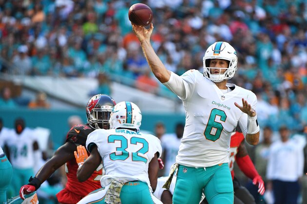 MIAMI GARDENS, FL - NOVEMBER 19: Jay Cutler #6 of the Miami Dolphins passes during the first quarter against the Tampa Bay Buccaneers at Hard Rock Stadium on November 19, 2017 in Miami Gardens, Florida.  (Photo by Mark Brown/Getty Images)