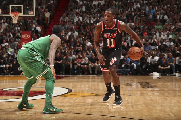 MIAMI, FL - NOVEMBER 22: Dion Waiters #11 of the Miami Heat handles the ball against the Boston Celtics on November 22, 2017 at AmericanAirlines Arena in Miami, Florida. NOTE TO USER: User expressly acknowledges and agrees that, by downloading and or using this Photograph, user is consenting to the terms and conditions of the Getty Images License Agreement. Mandatory Copyright Notice: Copyright 2017 NBAE (Photo by Issac Baldizon/NBAE via Getty Images)