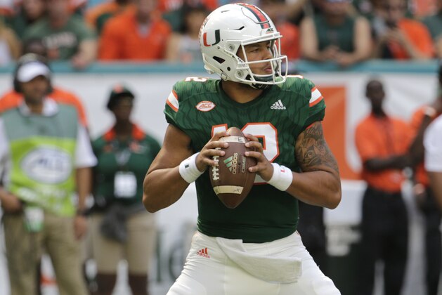 Miami quarterback Malik Rosier stands back to pass during the first half of an NCAA college football game against Virginia, Saturday, Nov. 18, 2017, in Miami Gardens, Fla. (AP Photo/Lynne Sladky)