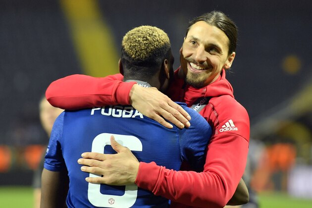 United's Zlatan Ibrahimovic, right, celebrates with teammate Paul Pogba after winning the soccer Europa League final between Ajax Amsterdam and Manchester United at the Friends Arena in Stockholm, Sweden, Wednesday, May 24, 2017. United won 2-0. (AP Photo/Martin Meissner)