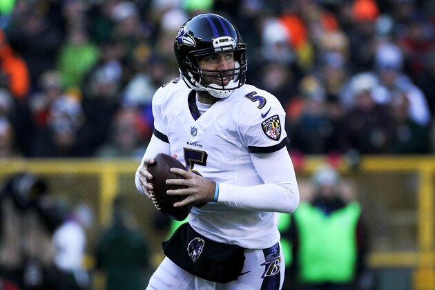 GREEN BAY, WI - NOVEMBER 19:  Joe Flacco #5 of the Baltimore Ravens drops back to pass in the first quarter against the Green Bay Packers at Lambeau Field on November 19, 2017 in Milwaukee, Wisconsin. (Photo by Dylan Buell/Getty Images)