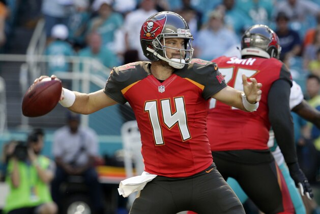 Tampa Bay Buccaneers quarterback Ryan Fitzpatrick (14) looks to pass, during the first half of an NFL football game against the Miami Dolphins, Sunday, Nov. 19, 2017, in Miami Gardens, Fla. (AP Photo/Lynne Sladky)