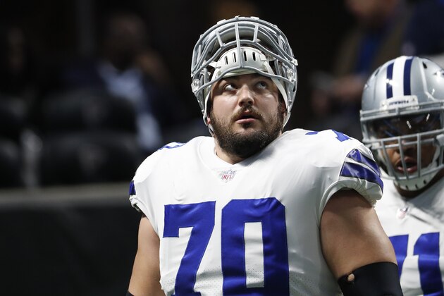 Dallas Cowboys offensive guard Zack Martin (70) warms up before the first half of an NFL football game between the Atlanta Falcons and the Dallas Cowboys, Sunday, Nov. 12, 2017, in Atlanta. (AP Photo/David Goldman)