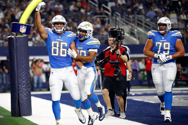 ARLINGTON, TX - NOVEMBER 23:  Hunter Henry #86 of the Los Angeles Chargers and Austin Ekeler #30 of the Los Angeles Chargers celebrate a touchdown in the second half of a football game against the Dallas Cowboys at AT&T Stadium on November 23, 2017 in Arlington, Texas.  (Photo by Wesley Hitt/Getty Images)