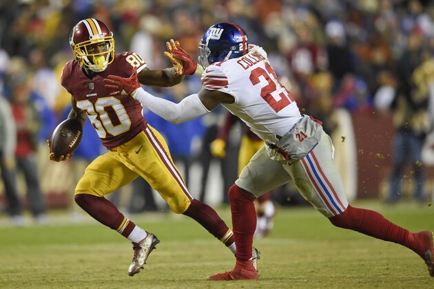 Washington Redskins wide receiver Jamison Crowder (80) pushes New York Giants strong safety Landon Collins (21) back during the second half of an NFL football game in Landover, Md., Thursday, Nov. 23, 2017. (AP Photo/Nick Wass)