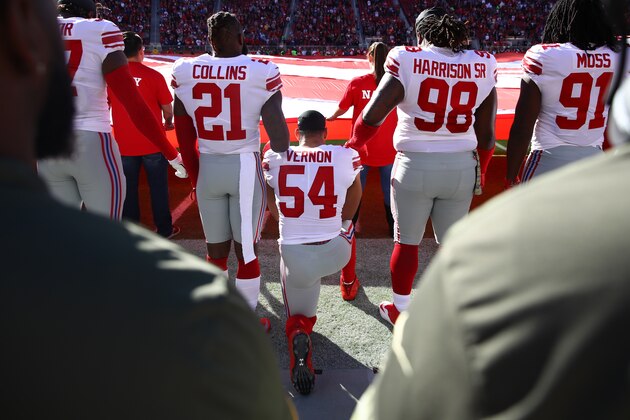 SANTA CLARA, CA - NOVEMBER 12:  Olivier Vernon #54 of the New York Giants kneels during the national anthem prior to their NFL game against the San Francisco 49ers at Levi's Stadium on November 12, 2017 in Santa Clara, California.  (Photo by Ezra Shaw/Getty Images)
