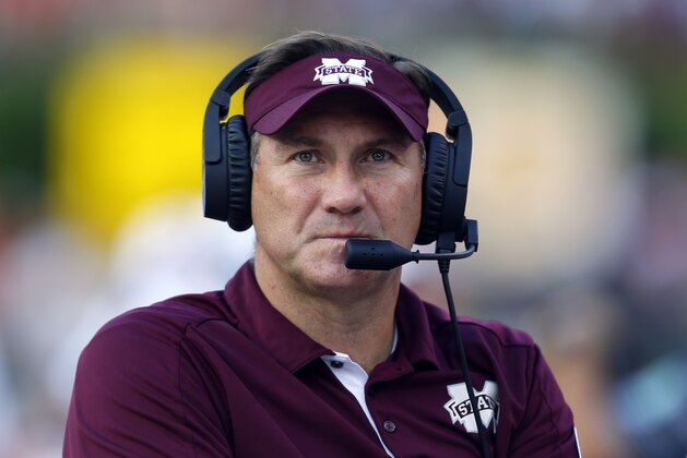 Mississippi State head coach Dan Mullen reacts to a call during the first half of an NCAA college football game against Auburn, Saturday, Sept. 30, 2017, in Auburn, Ala. (AP Photo/Butch Dill)
