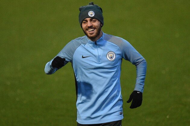 Manchester City's Portuguese midfielder Bernardo Silva take part in a team training session at the City Football Academy in Manchester, north west England on November 20, 2017, on the eve of their UEFA Champions League Group F match against Feyenoord. / AFP PHOTO / Oli SCARFF        (Photo credit should read OLI SCARFF/AFP/Getty Images)