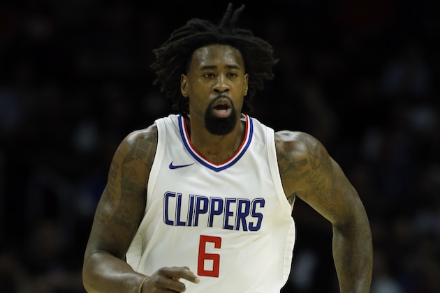 Los Angeles Clippers center DeAndre Jordan runs up court against the Portland Trail Blazers during the first half of a preseason NBA basketball game in Los Angeles, Sunday, Oct. 8, 2017. (AP Photo/Alex Gallardo)
