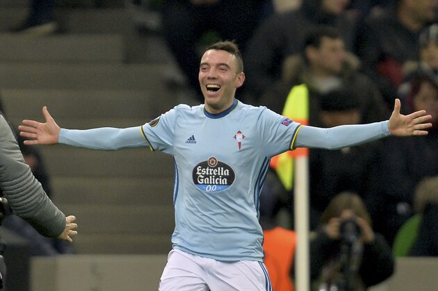 Celta's Iago Aspas reacts after scoring during the Europa League round of 16 second leg soccer match between Krasnodar and Celta in Krasnodar, Russia, Thursday, March 16, 2017. (AP Photo/Str)