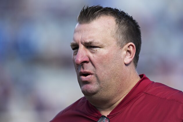OXFORD, MS - OCTOBER 28:  Head Coach Bret Bielema of the Arkansas Razorbacks watches his team warm up before a game against the Ole Miss Rebels at Hemingway Stadium on October 28, 2017 in Oxford, Mississippi.  The Razorbacks defeated the Rebels 38-37.  (Photo by Wesley Hitt/Getty Images)