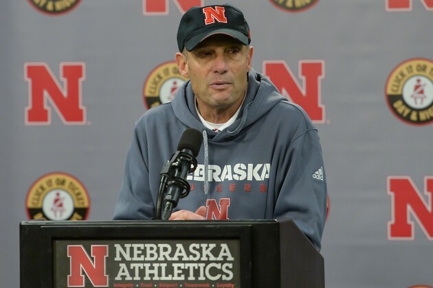 LINCOLN, NE - NOVEMBER 24: Head coach Mike Riley of the Nebraska Cornhuskers address the media after the game against the Iowa Hawkeyes at Memorial Stadium on November 24, 2017 in Lincoln, Nebraska. (Photo by Steven Branscombe/Getty Images)