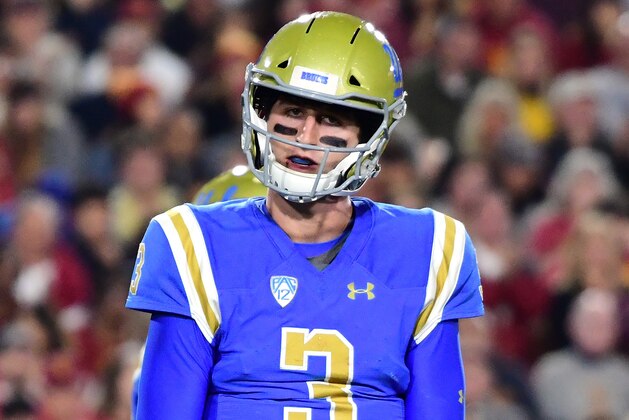 LOS ANGELES, CA - NOVEMBER 18:  Josh Rosen #3 of the UCLA Bruins reacts to a tipped pass for an incompletion during the fourth quarter in a 28-23 loss to the USC Trojans at Los Angeles Memorial Coliseum on November 18, 2017 in Los Angeles, California.  (Photo by Harry How/Getty Images)