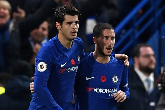 LONDON, ENGLAND - NOVEMBER 05: Alvaro Morata of Chelsea celebrates scoring his sides first goal with Eden Hazard of Chelsea during the Premier League match between Chelsea and Manchester United at Stamford Bridge on November 5, 2017 in London, England.  (Photo by Shaun Botterill/Getty Images)