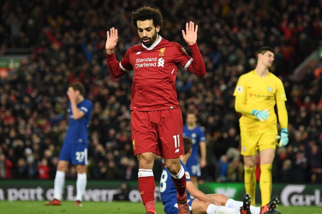 LIVERPOOL, ENGLAND - NOVEMBER 25: Mohamed Salah of Liverpool celebrates scoring his sides first goal during the Premier League match between Liverpool and Chelsea at Anfield on November 25, 2017 in Liverpool, England.  (Photo by Shaun Botterill/Getty Images)