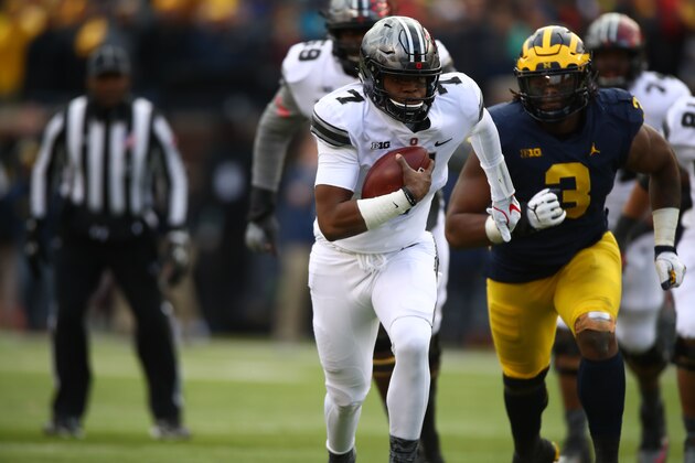 ANN ARBOR, MI - NOVEMBER 25: Dwayne Haskins #7 of the Ohio State Buckeyes runs the ball second half against the Ohio State Buckeyes on November 25, 2017 at Michigan Stadium in Ann Arbor, Michigan. (Photo by Gregory Shamus/Getty Images)