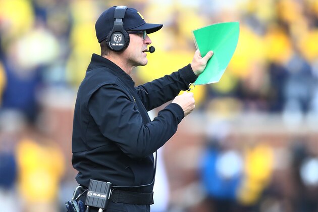 ANN ARBOR, MI - NOVEMBER 25: Jim Harbaugh head coach of the Michigan Wolverines looks on in the first half against the Ohio State Buckeyes on November 25, 2017 at Michigan Stadium in Ann Arbor, Michigan. (Photo by Gregory Shamus/Getty Images)